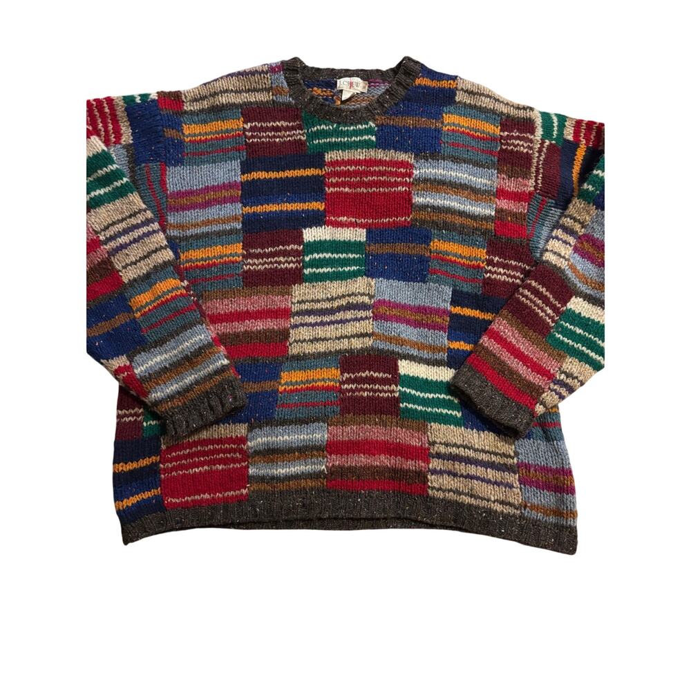 J.Crew 100% Wool Patchwork Sweater Multicolor Cre… - image 2